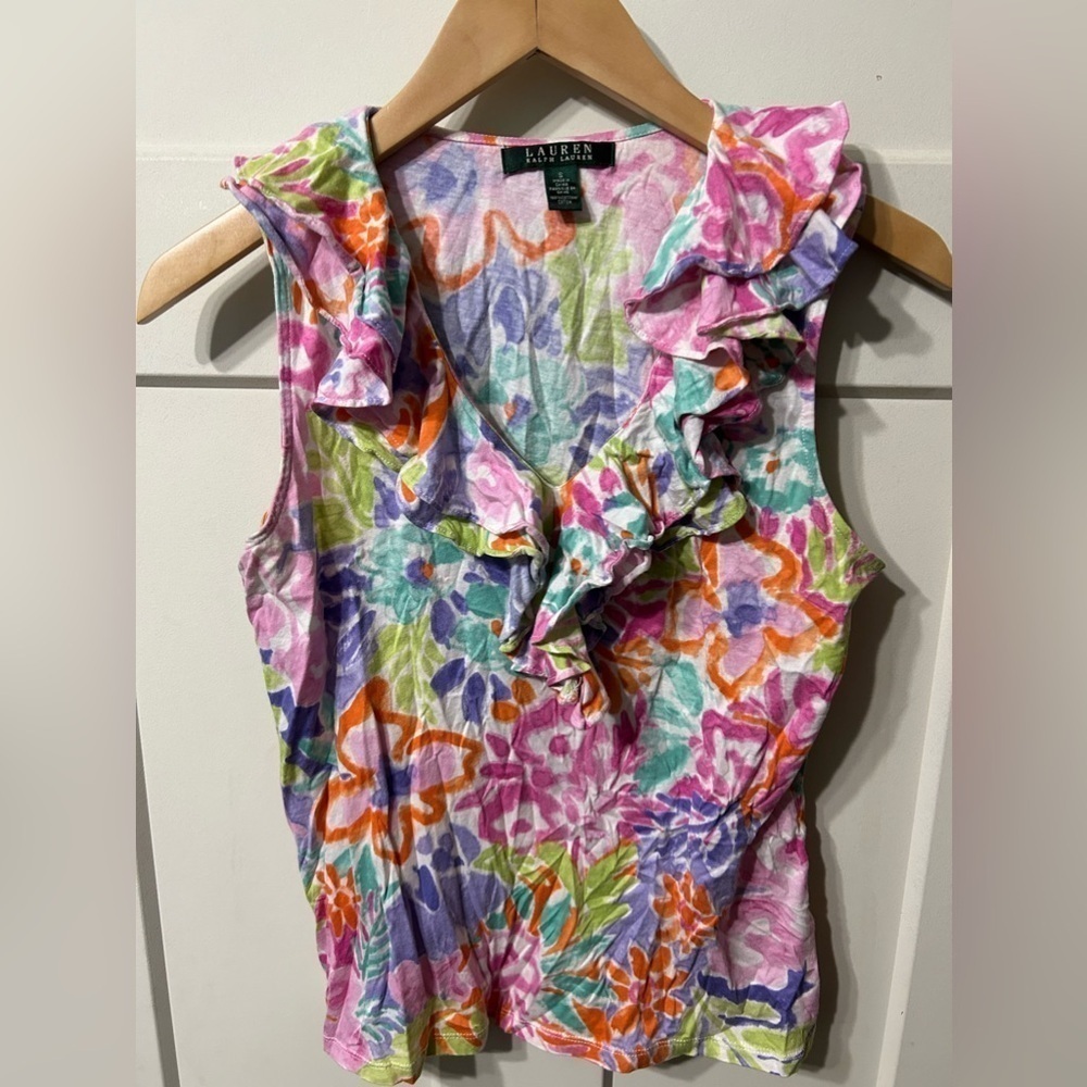Lauren Ralph Lauren Floral Ruffle V Neck tank top Bright pastels